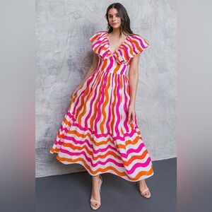 Bright Wave Ruffle Maxi Dress - Pink & Orange